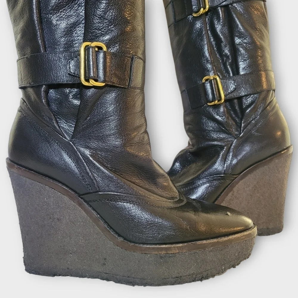 YSL Yves Saint Laurent Tall Black Leather Wedge Boots Vintage 90s Y2K - Picture 9 of 16